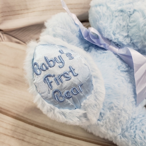 Fuzzy Baby Blue Baby's First Bear 9" Plush Stuffed Animal Satin Feet Ears Bow - Picture 4 of 9